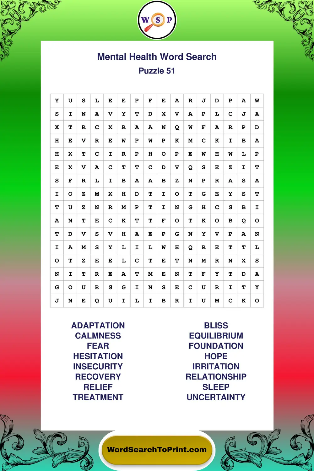 Mental Health Word Search Puzzle 51