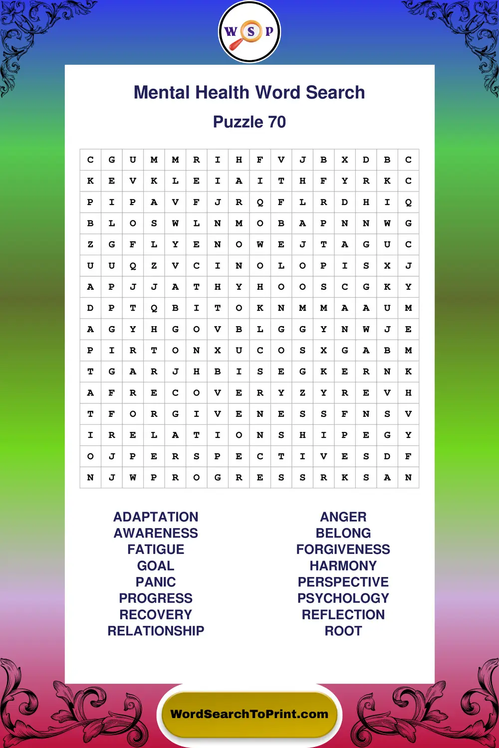 Mental Health Word Search Puzzle 70