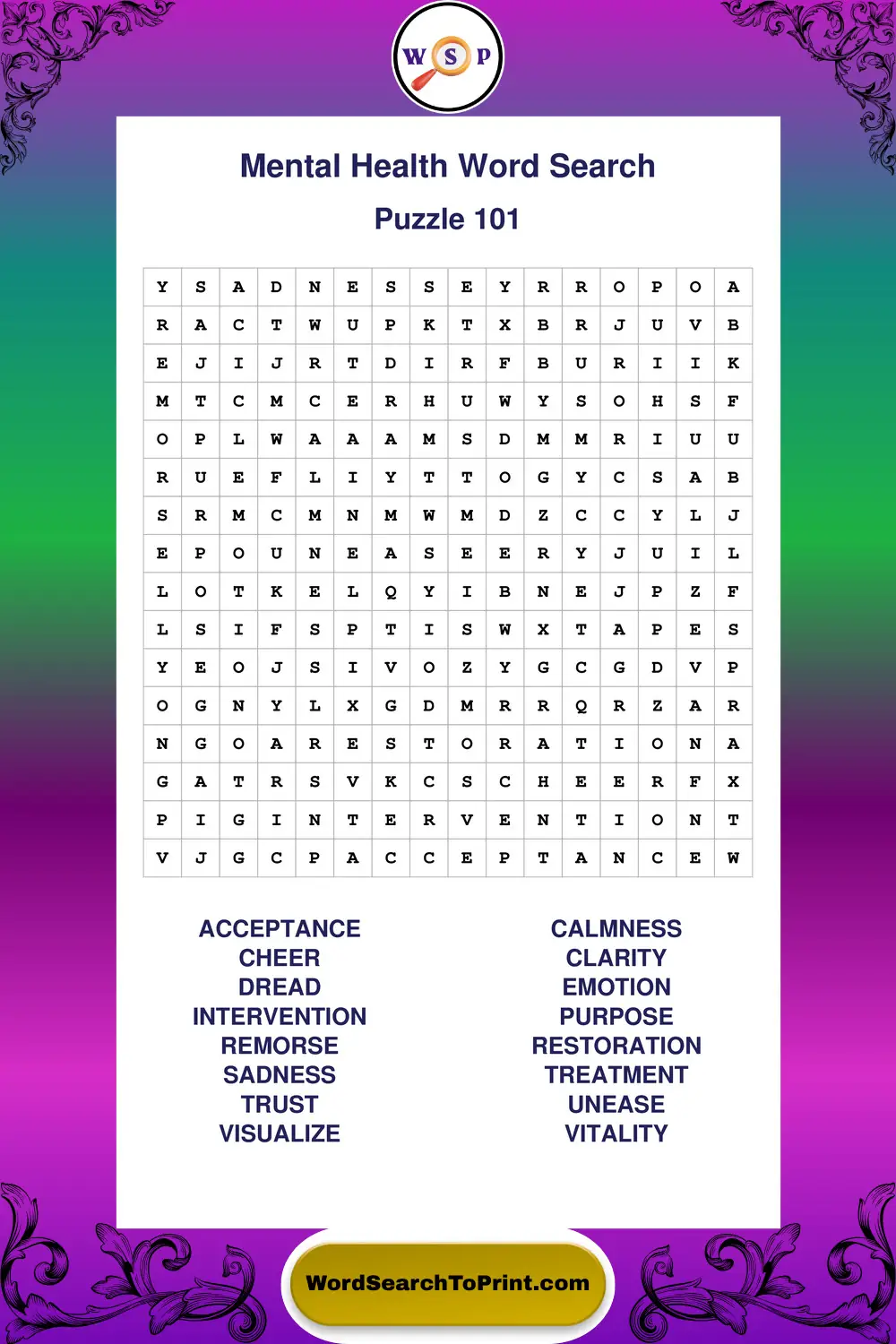 Mental Health Word Search Puzzle 101
