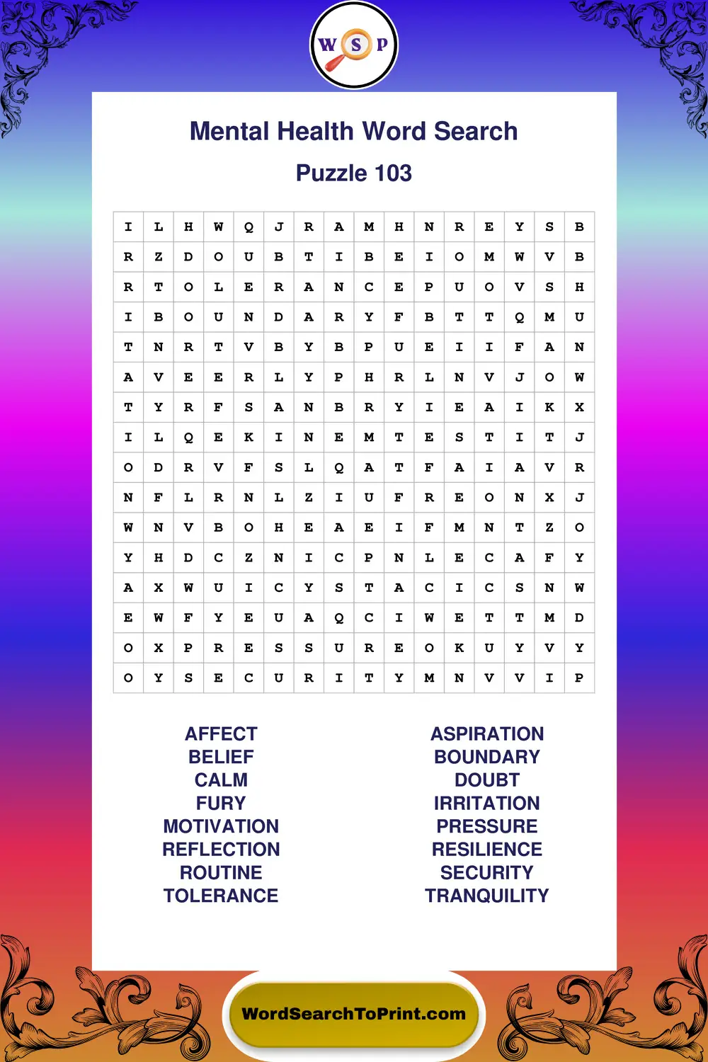 Mental Health Word Search Puzzle 103