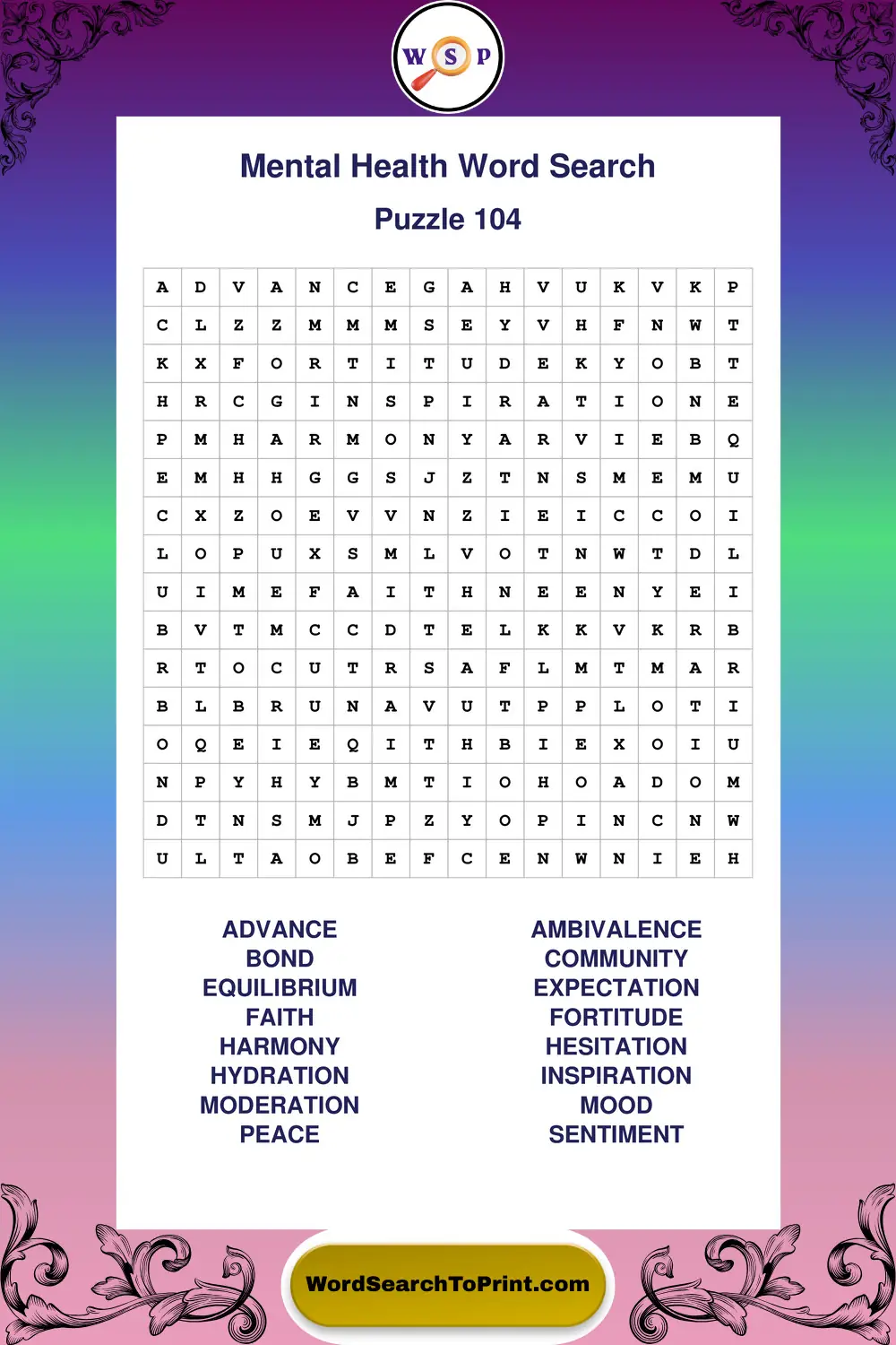 Mental Health Word Search Puzzle 104