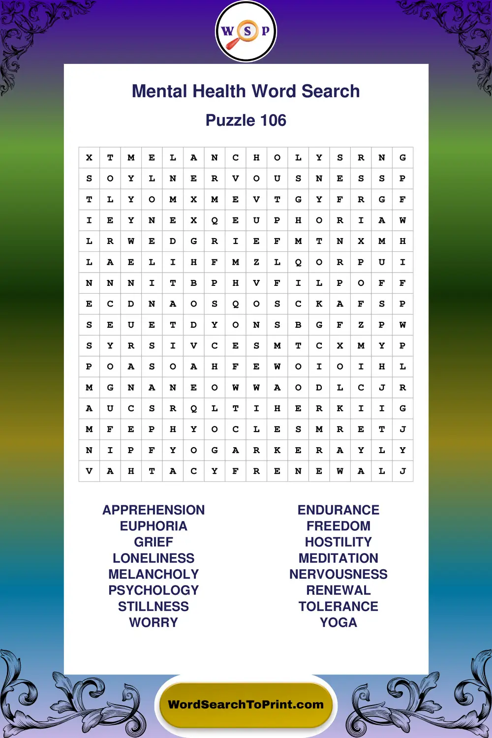 Mental Health Word Search Puzzle 106