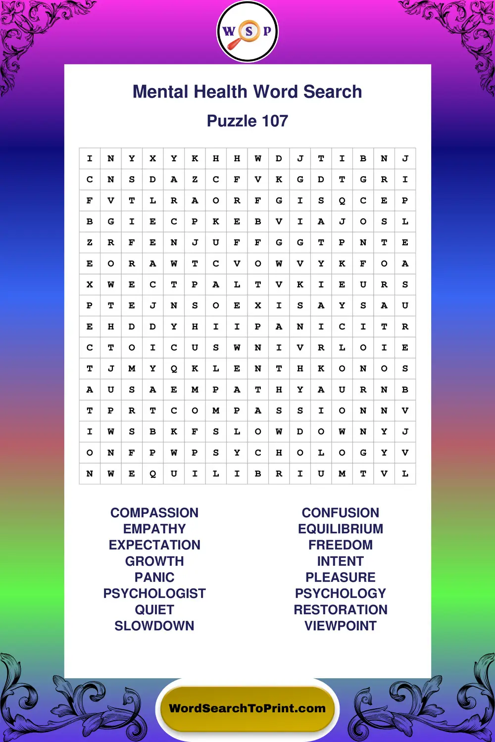 Mental Health Word Search Puzzle 107