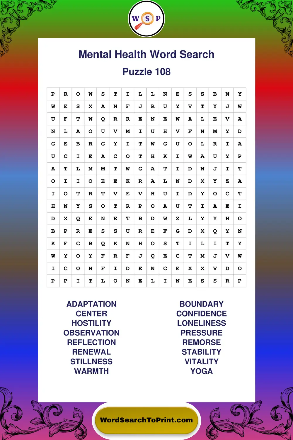 Mental Health Word Search Puzzle 108