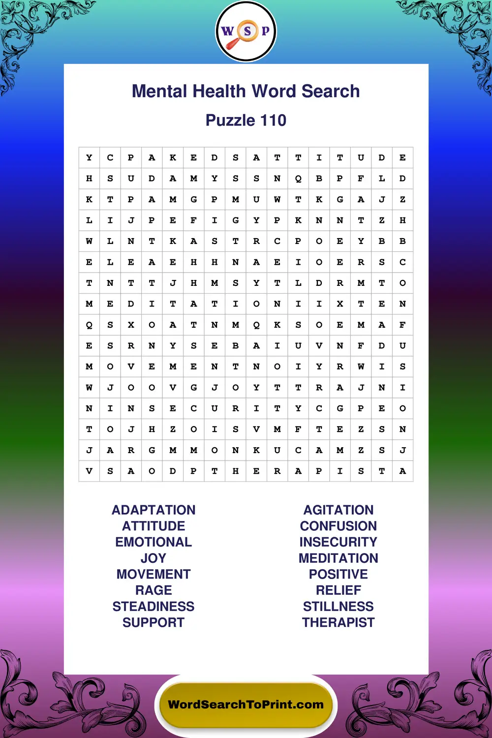 Mental Health Word Search Puzzle 110