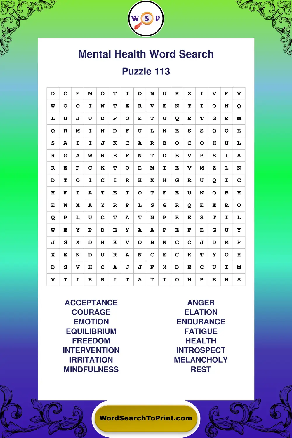 Mental Health Word Search Puzzle 113