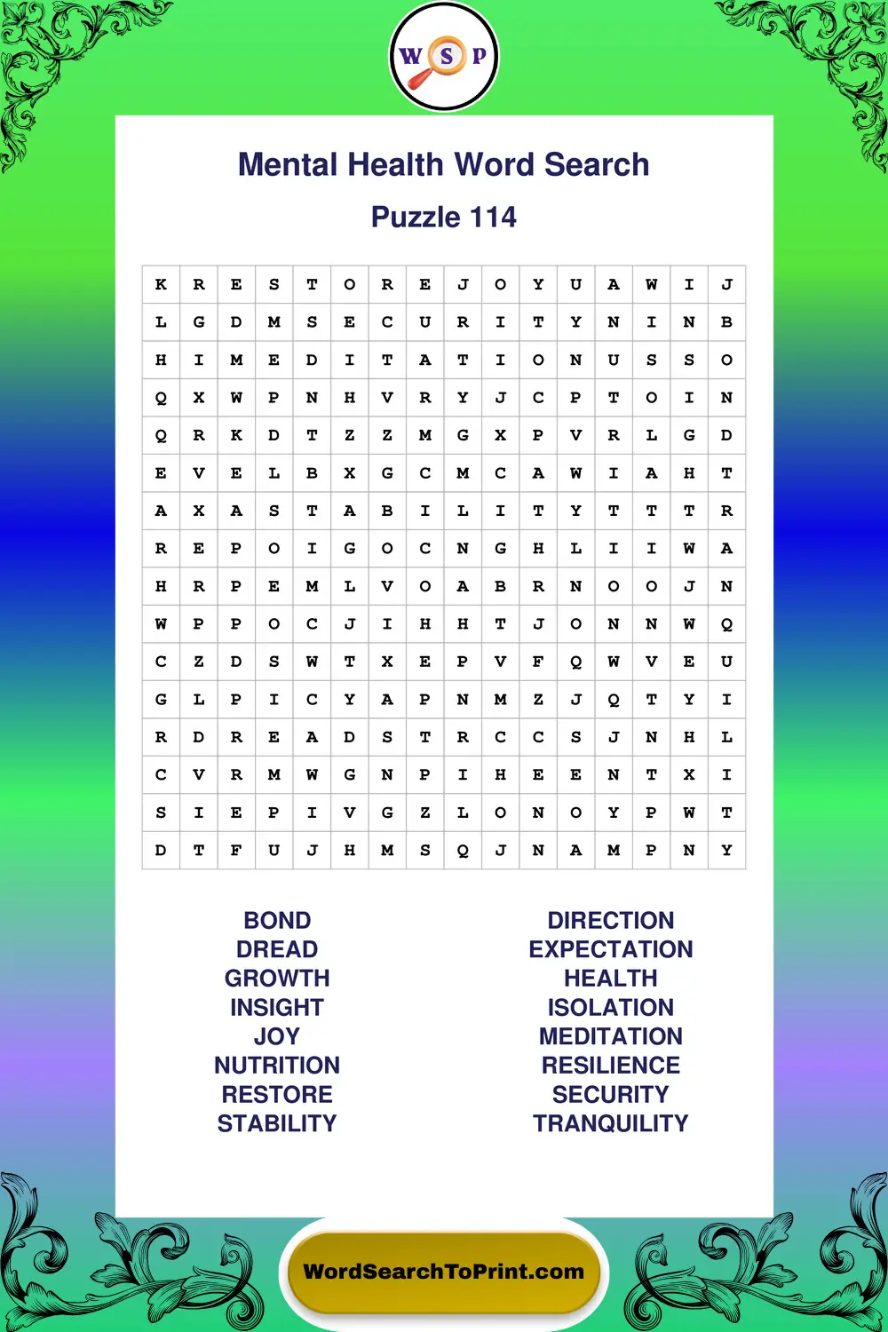 Mental Health Word Search Puzzle 114