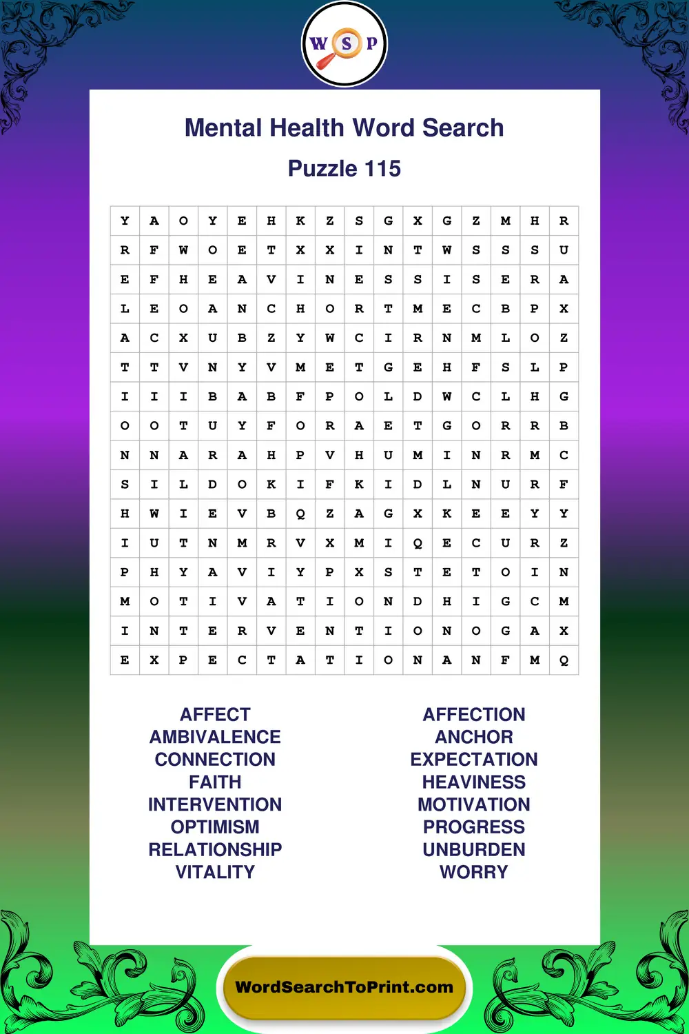 Mental Health Word Search Puzzle 115