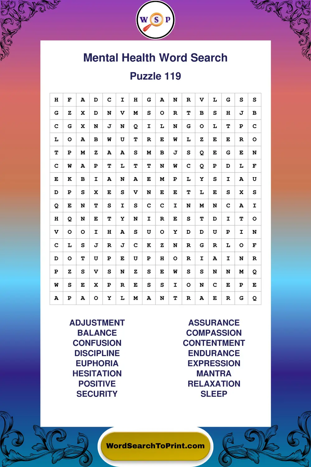 Mental Health Word Search Puzzle 119