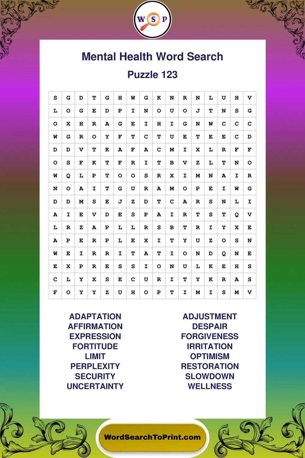 Mental Health Word Search Puzzle 123