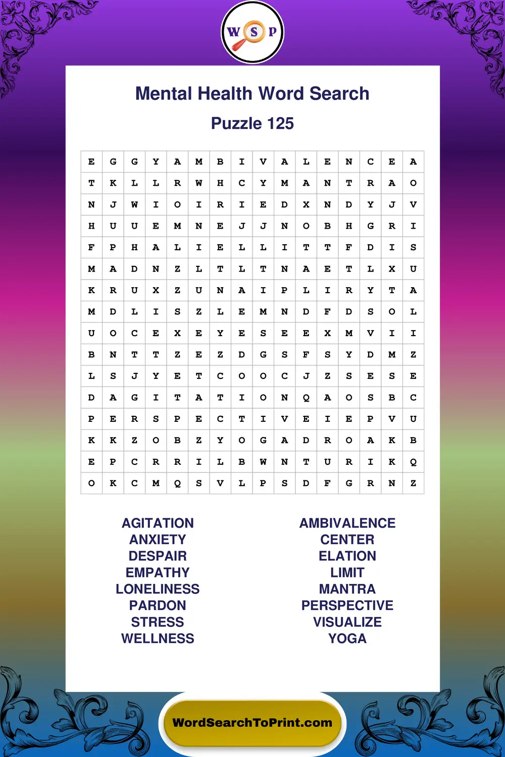 Mental Health Word Search Puzzle 125