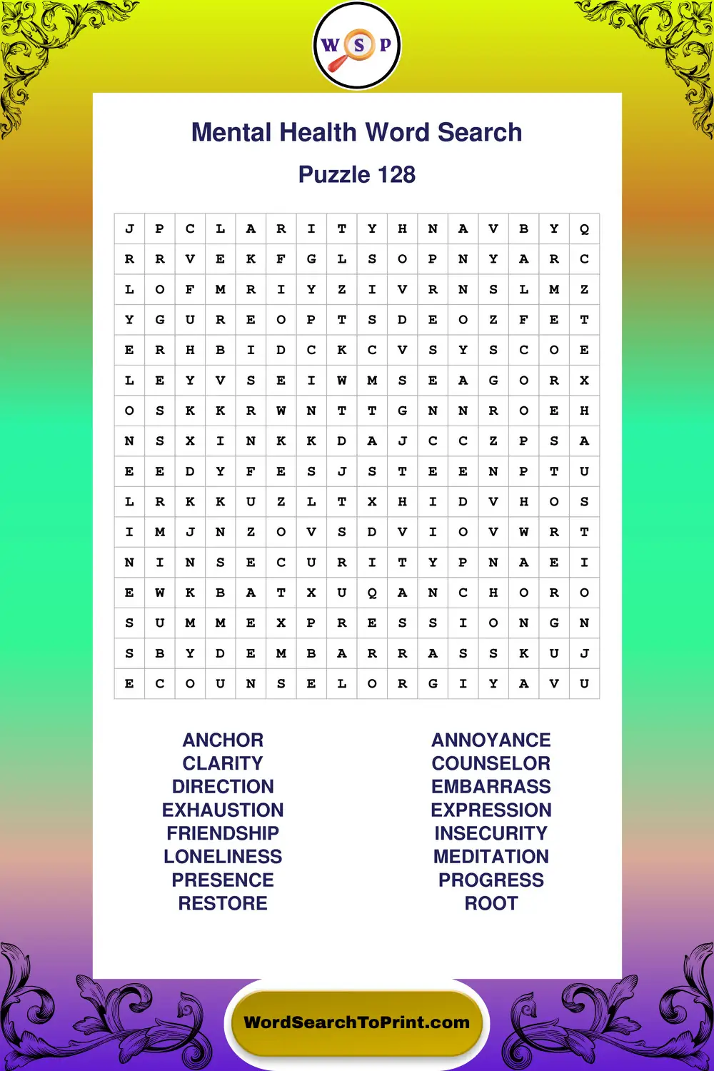 Mental Health Word Search Puzzle 128