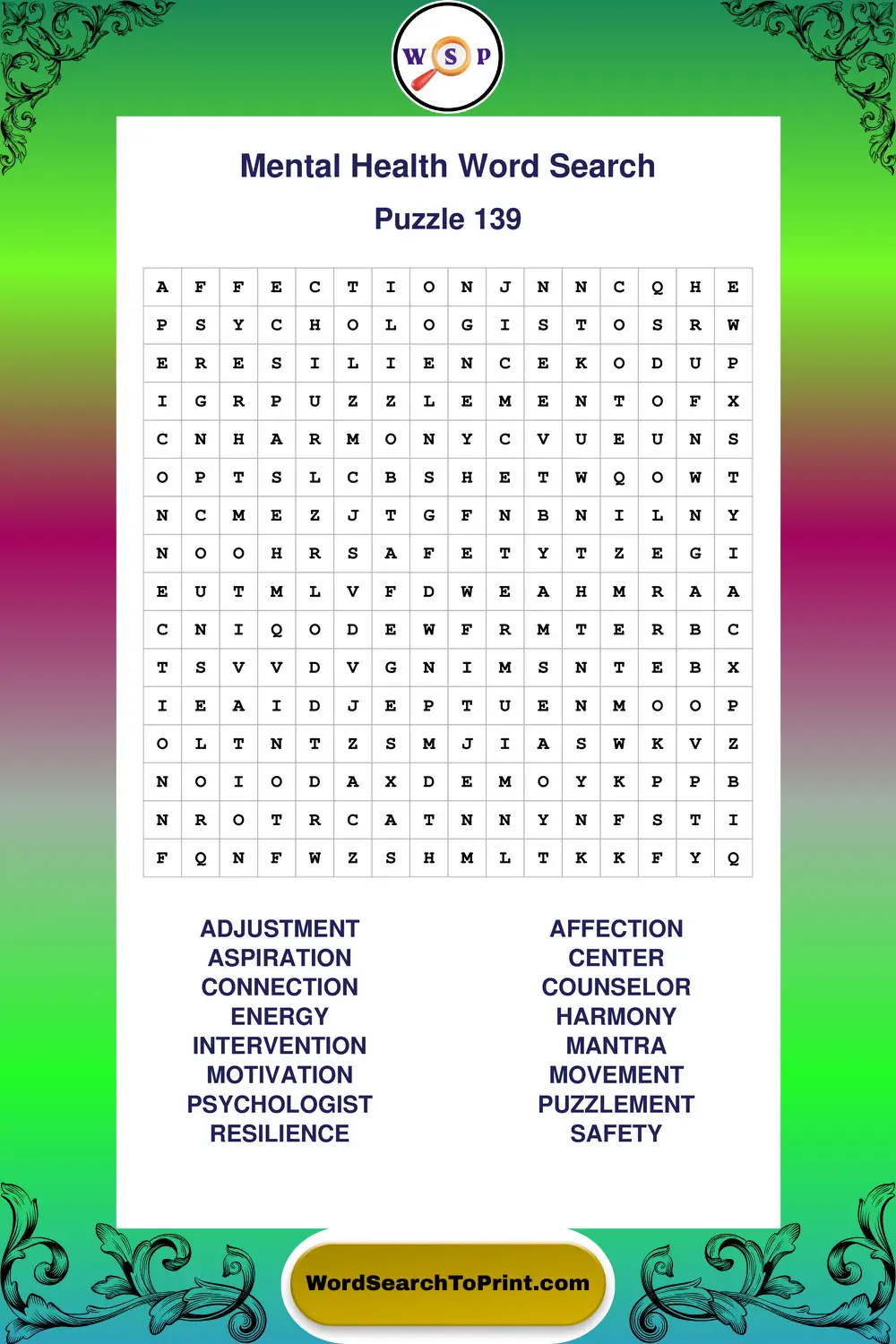 Mental Health Word Search Puzzle 139