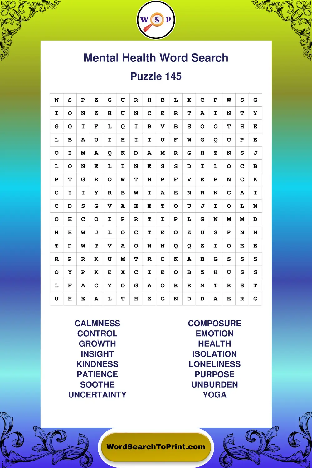 Mental Health Word Search Puzzle 145