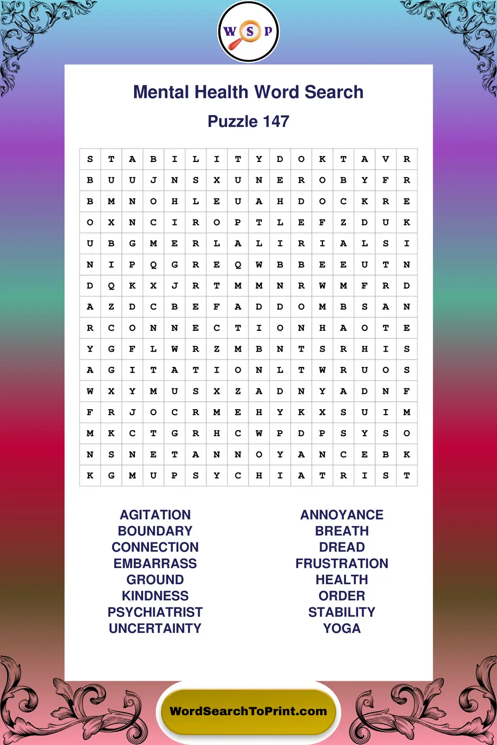 Mental Health Word Search Puzzle 147