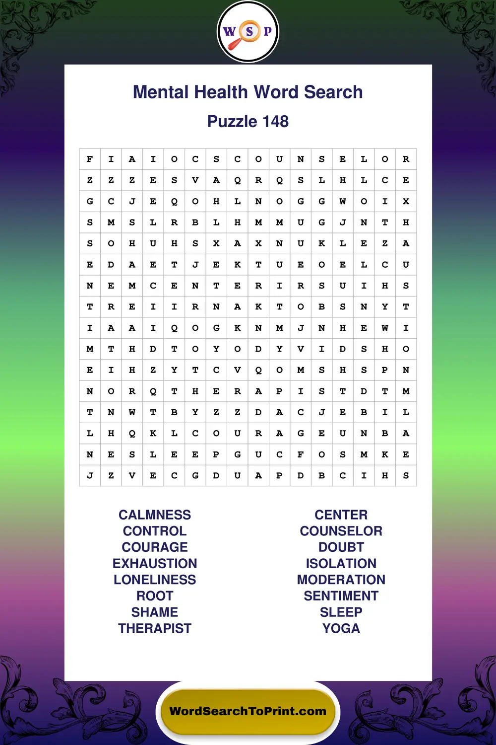 Mental Health Word Search Puzzle 148