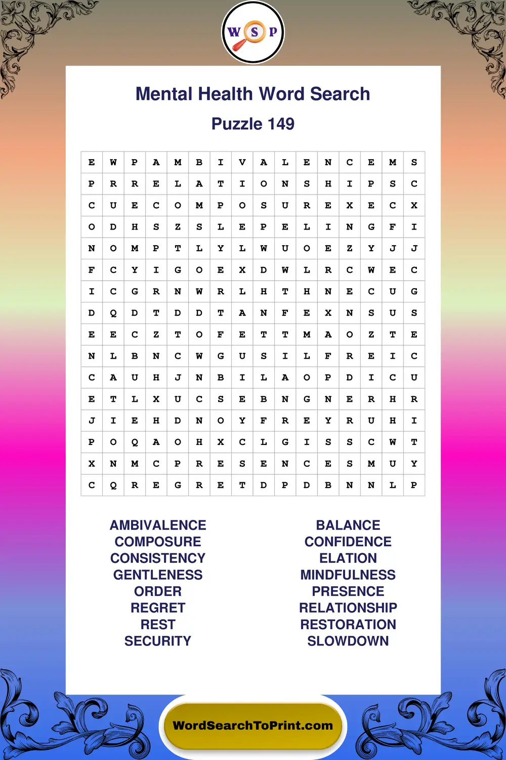 Mental Health Word Search Puzzle 149
