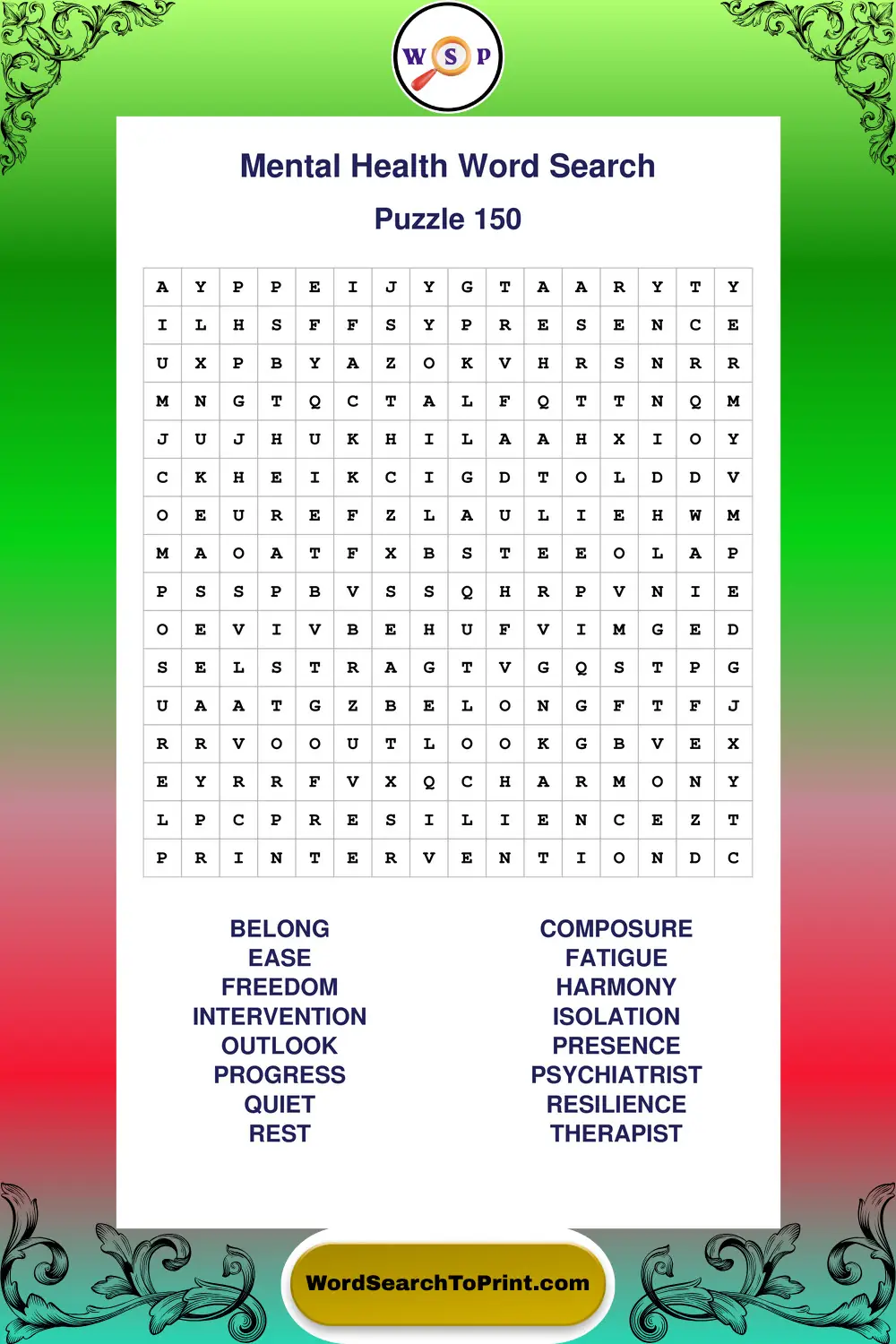 Mental Health Word Search Puzzle 150