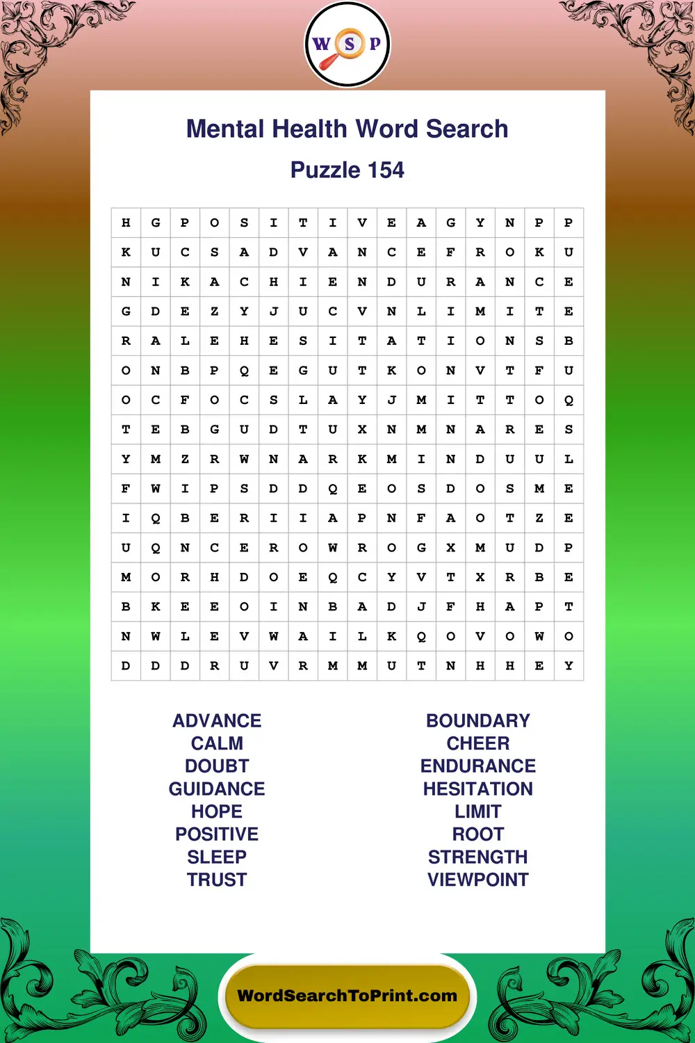 Mental Health Word Search Puzzle 154
