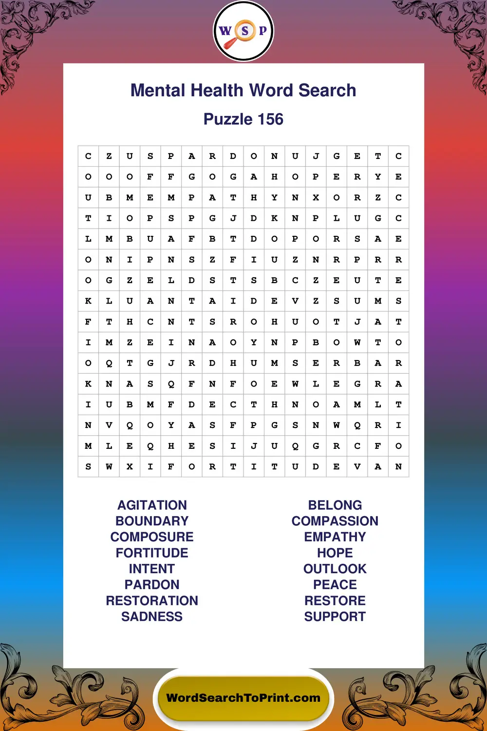 Mental Health Word Search Puzzle 156