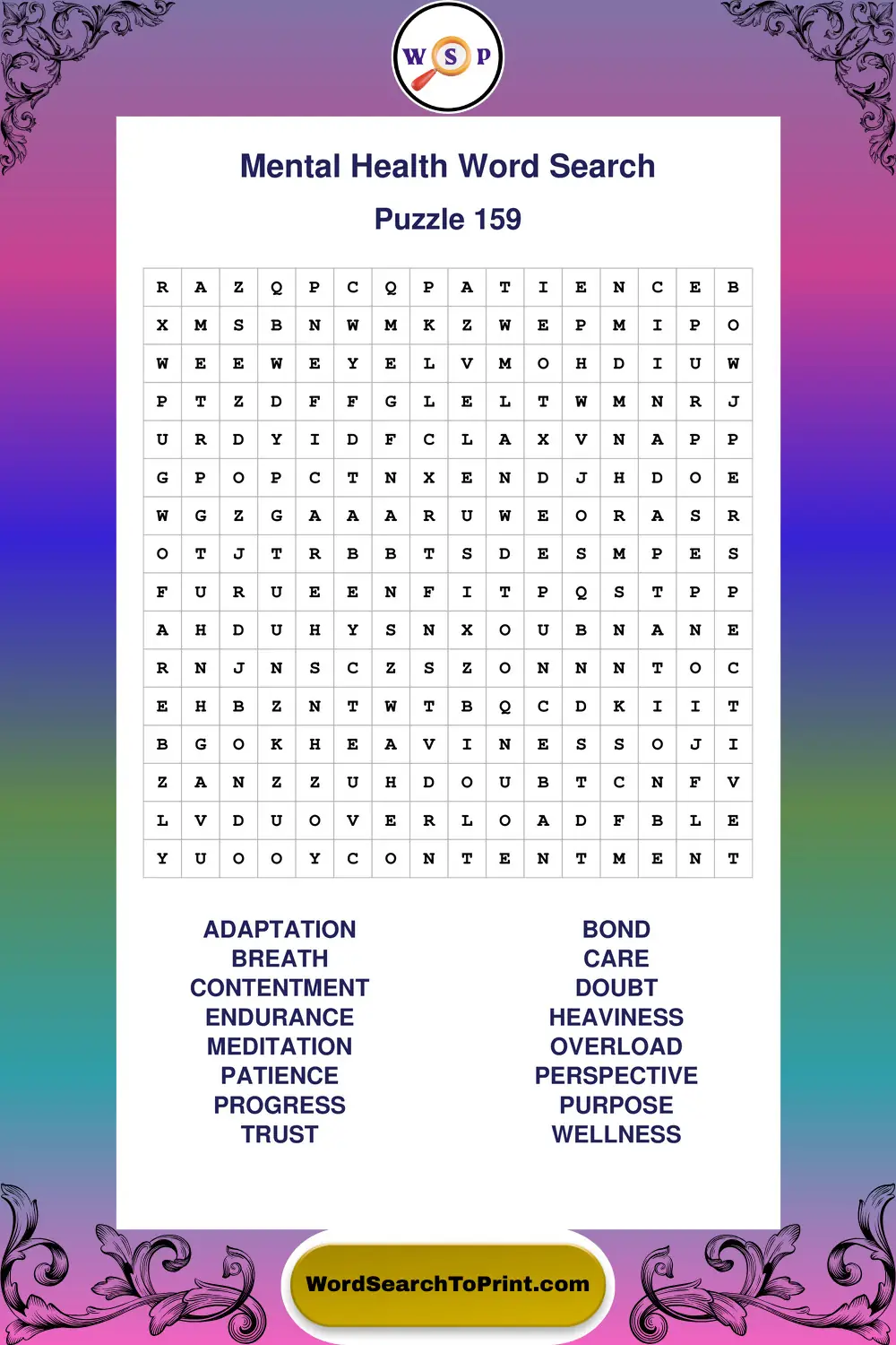 Mental Health Word Search Puzzle 159