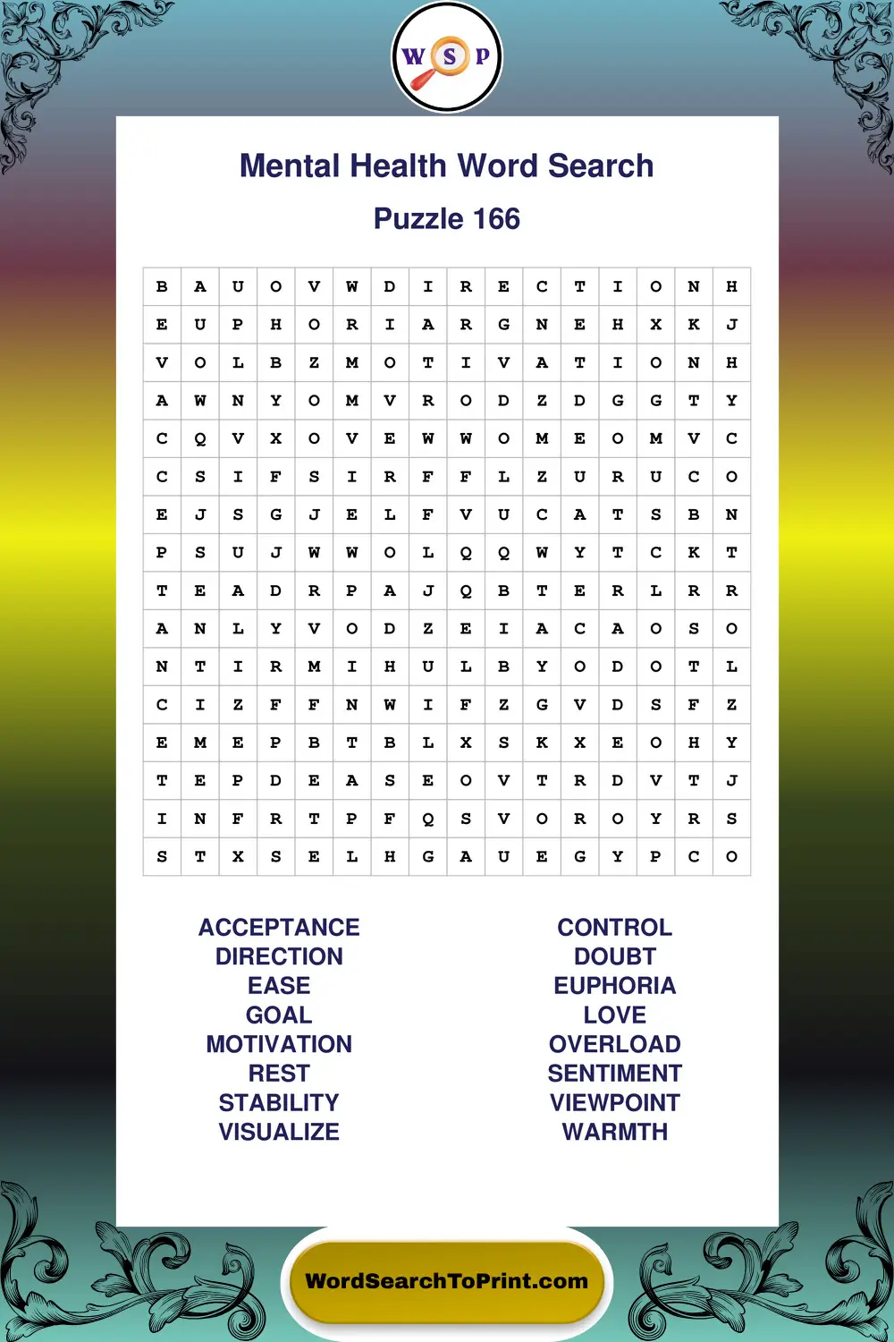 Mental Health Word Search Puzzle 166