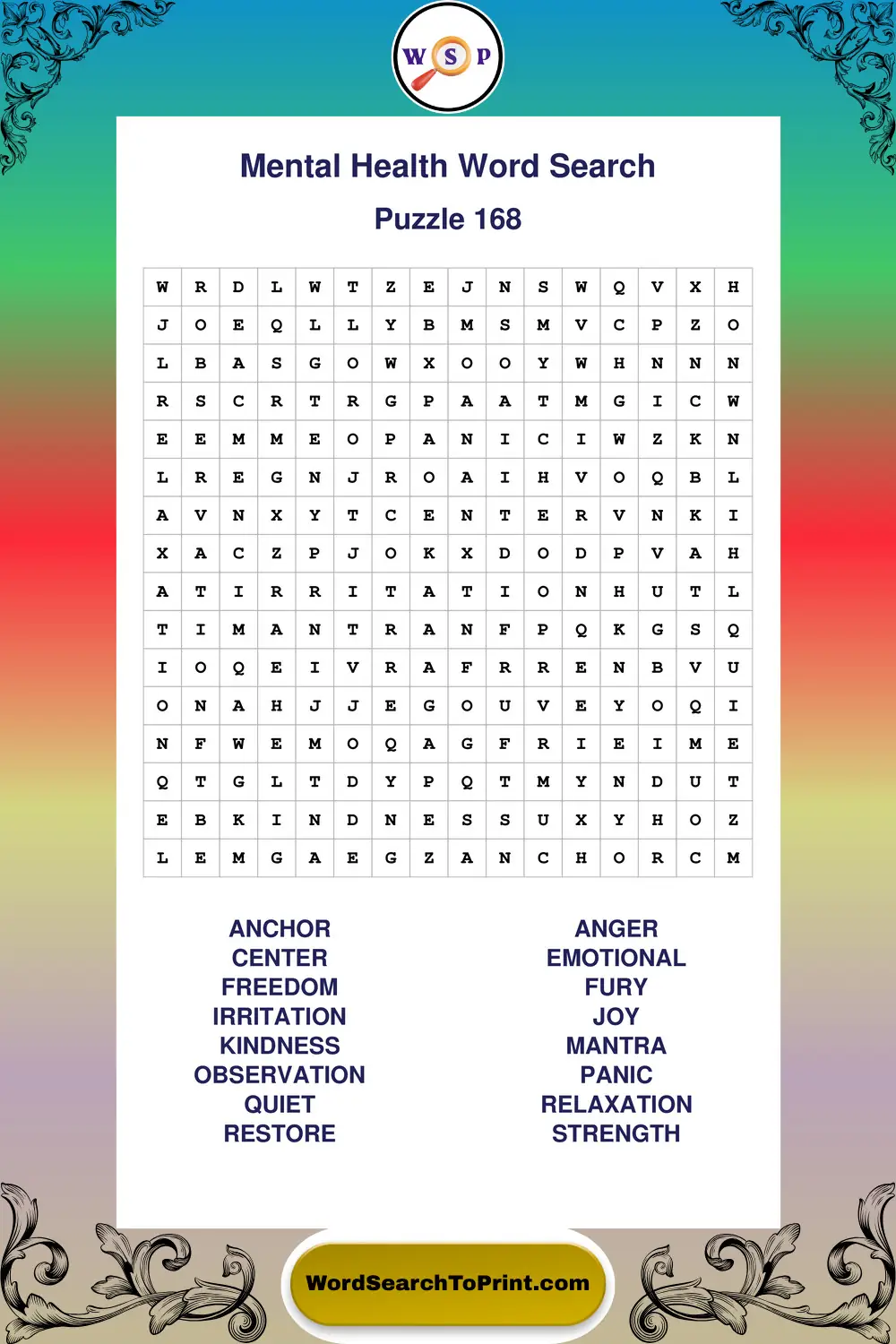 Mental Health Word Search Puzzle 168