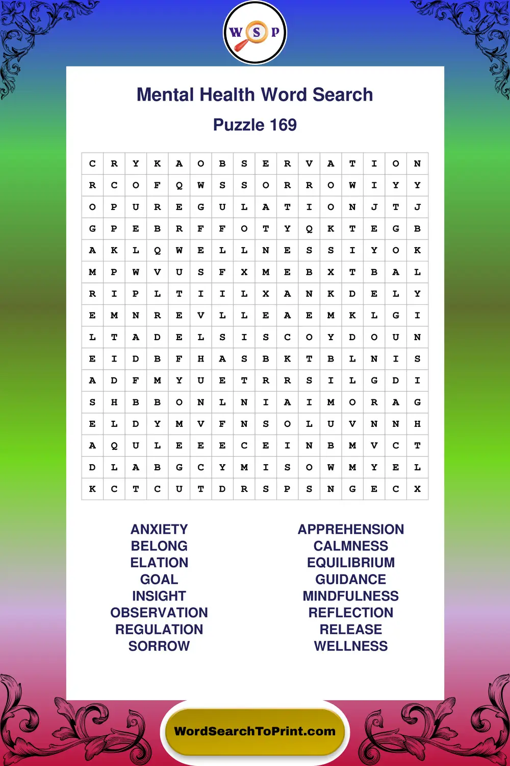 Mental Health Word Search Puzzle 169