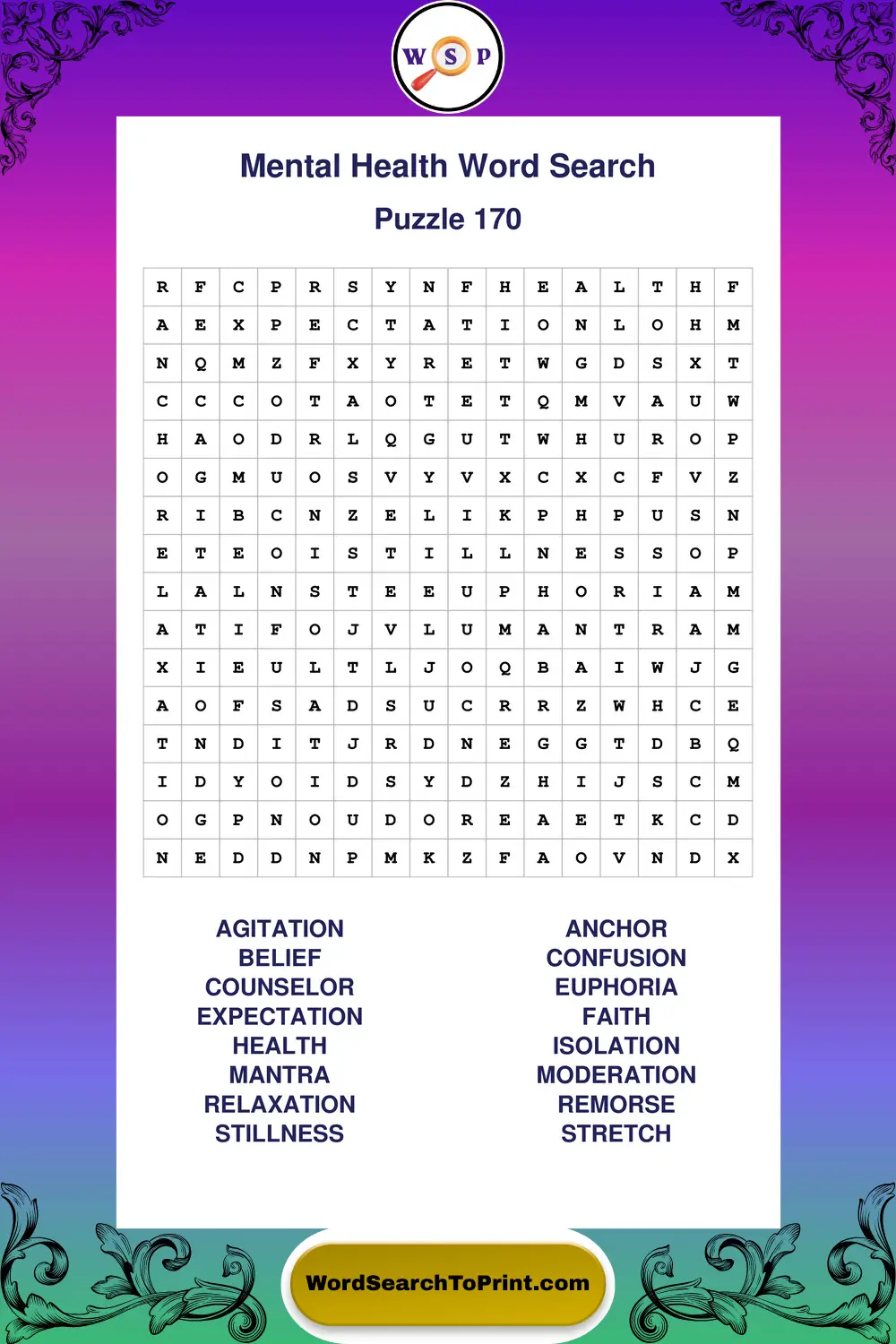 Mental Health Word Search Puzzle 170