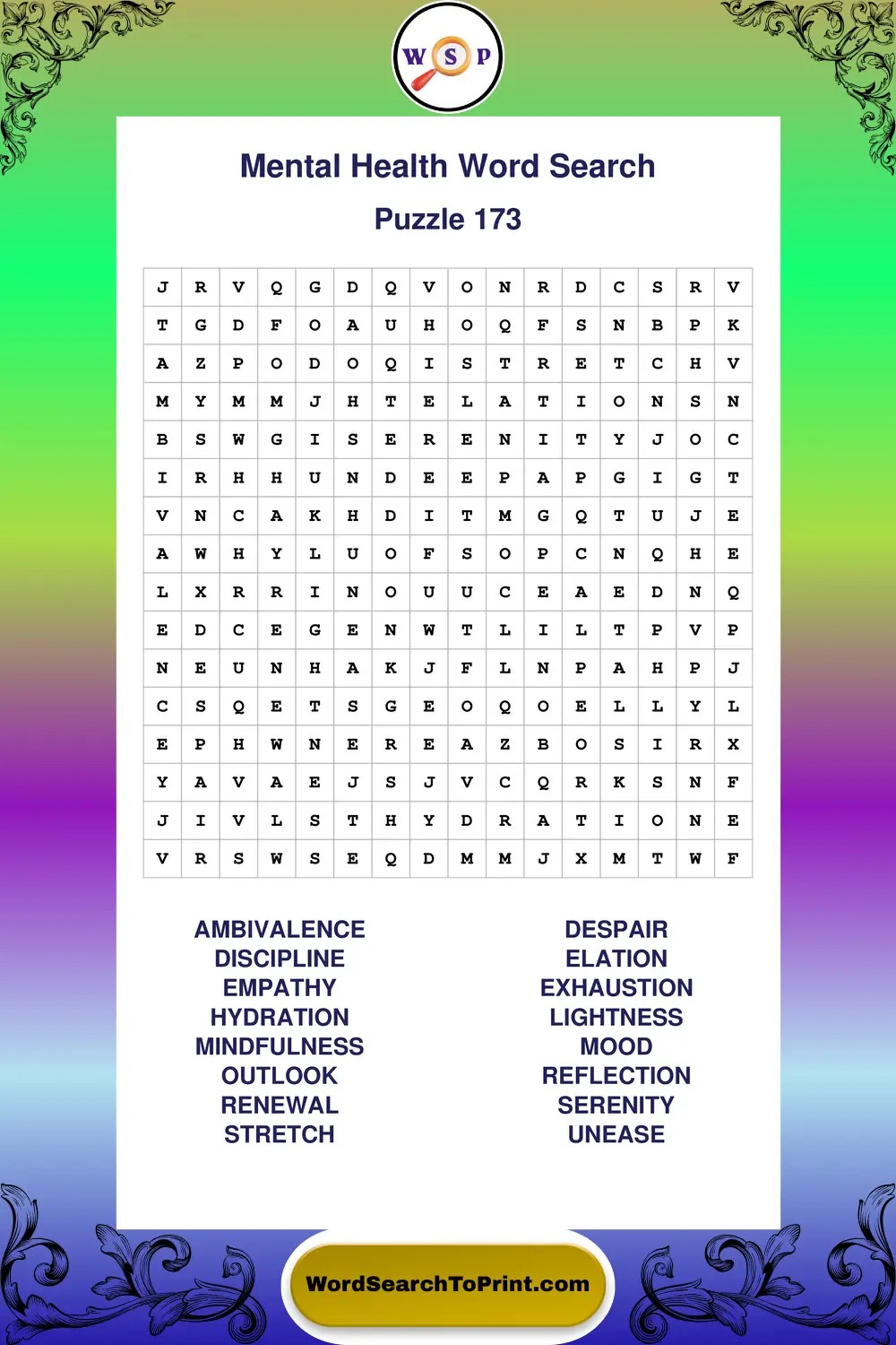 Mental Health Word Search Puzzle 173