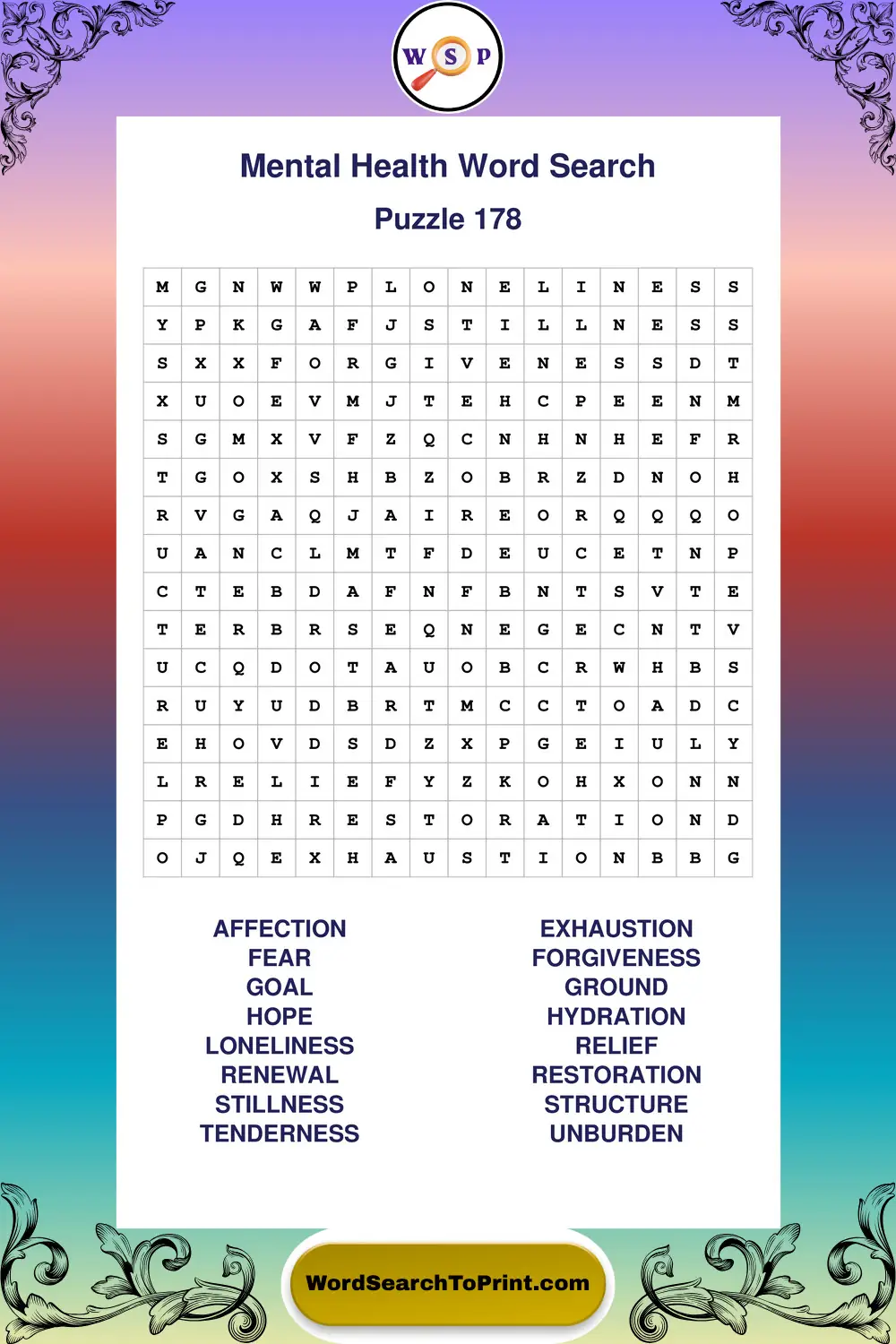 Mental Health Word Search Puzzle 178