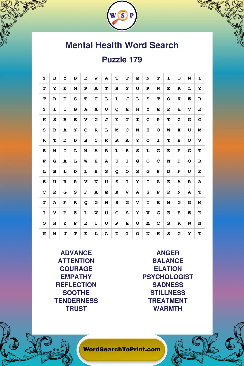 Mental Health Word Search Puzzle 179