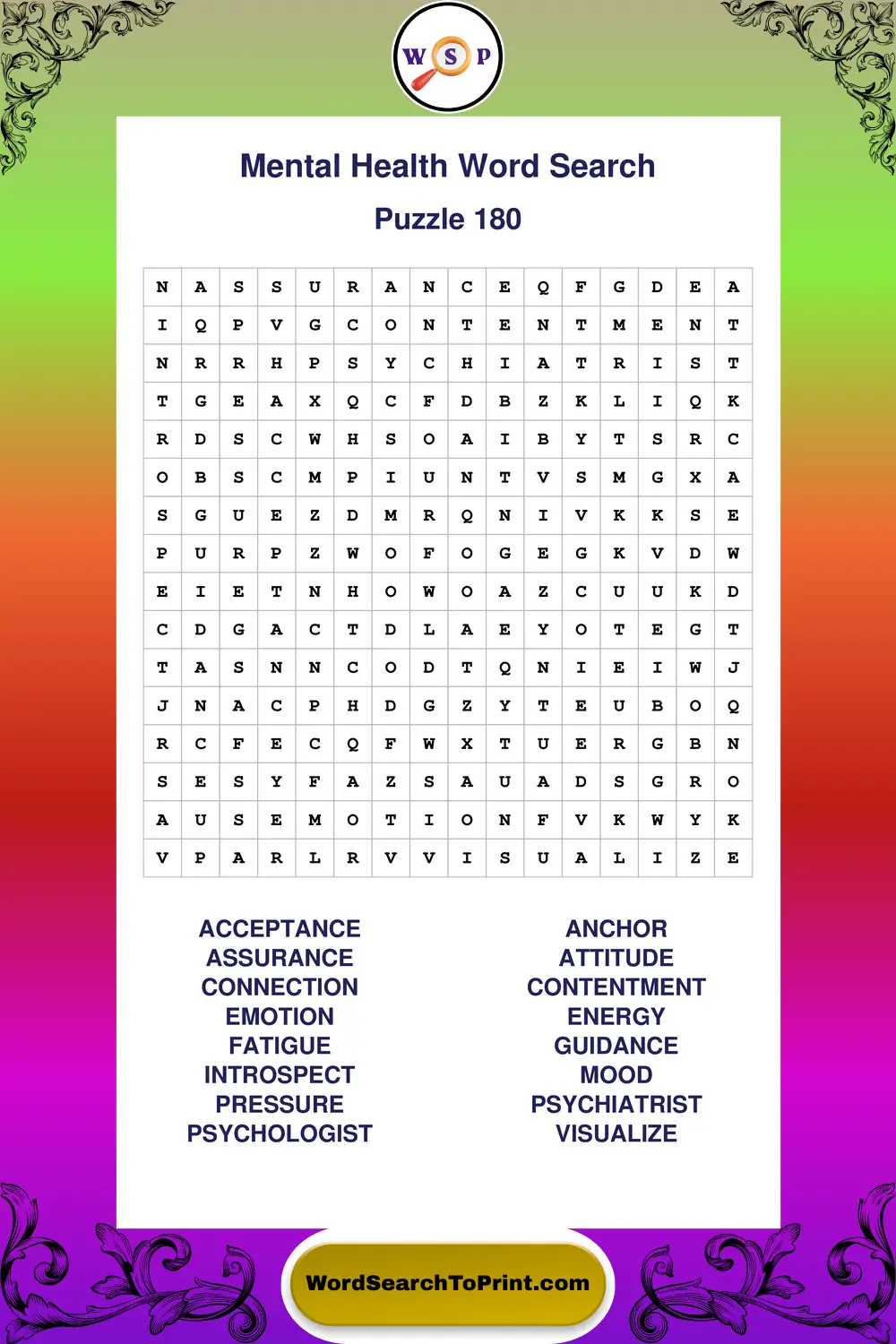 Mental Health Word Search Puzzle 180