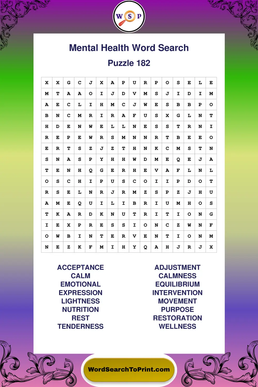 Mental Health Word Search Puzzle 182