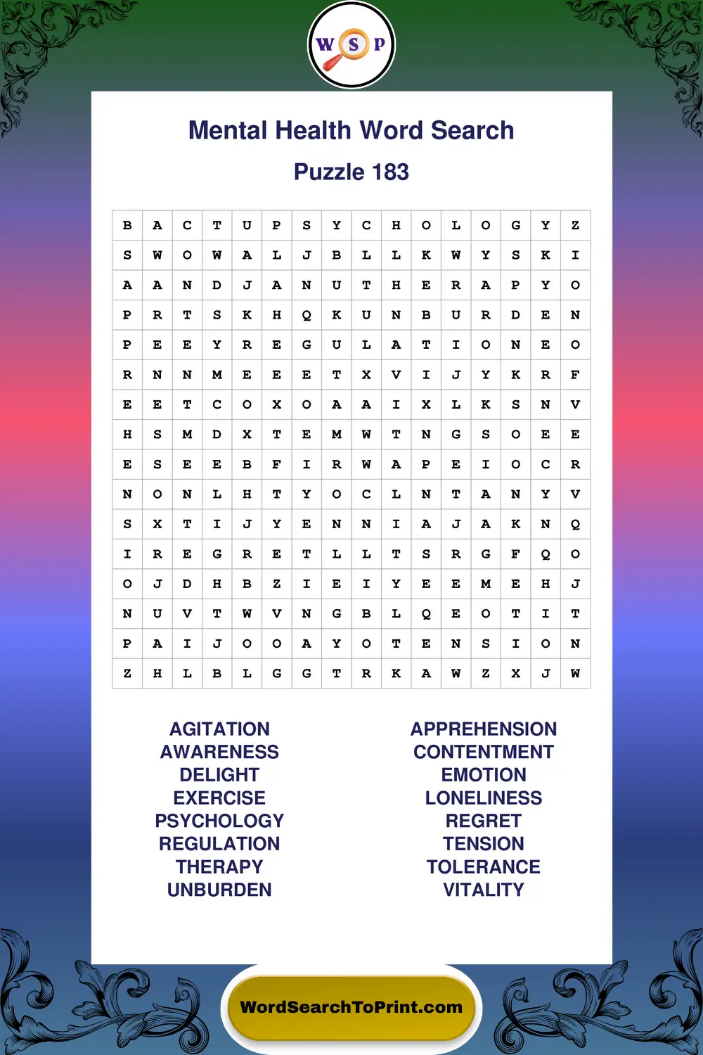 Mental Health Word Search Puzzle 183