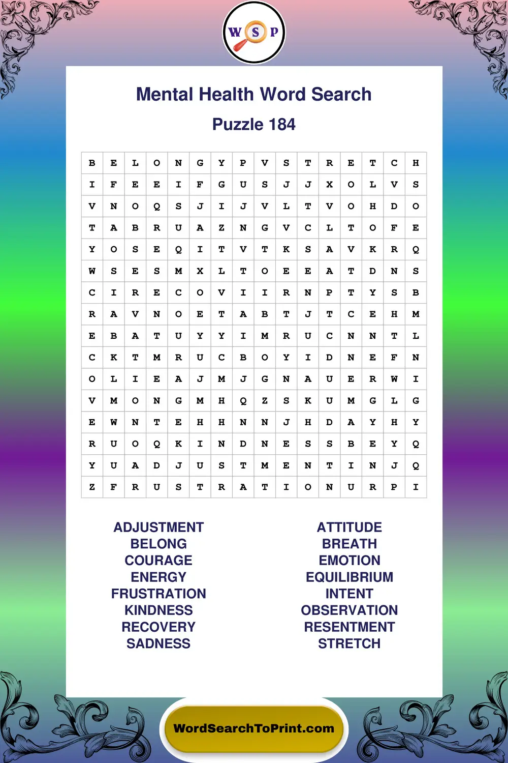 Mental Health Word Search Puzzle 184