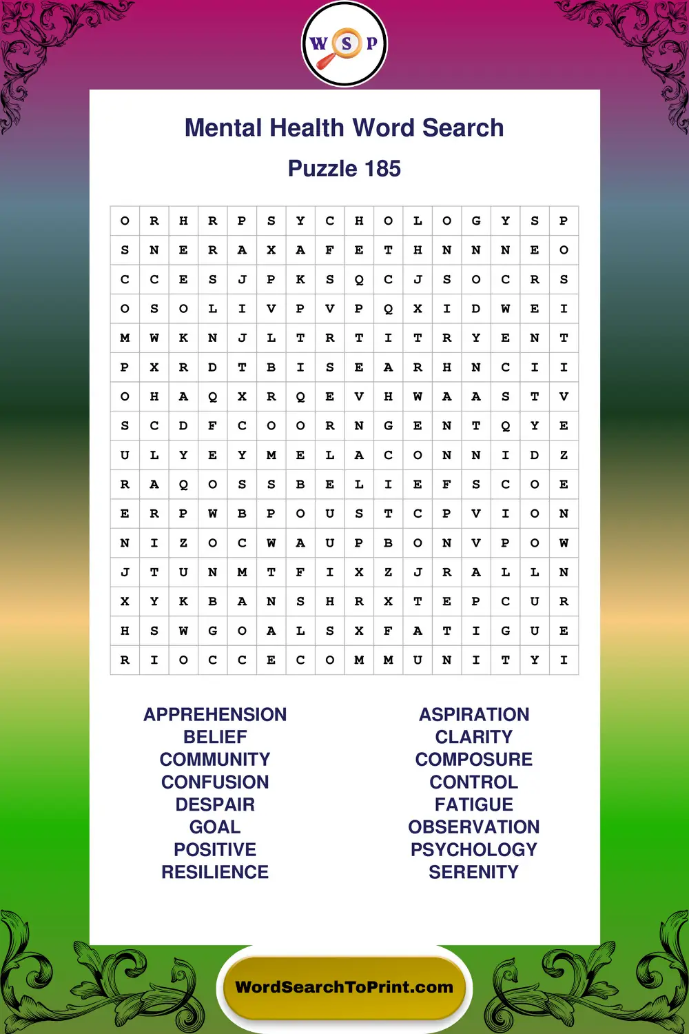 Mental Health Word Search Puzzle 185
