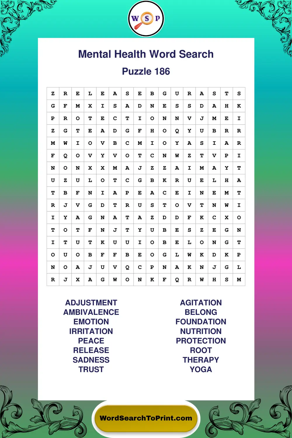 Mental Health Word Search Puzzle 186