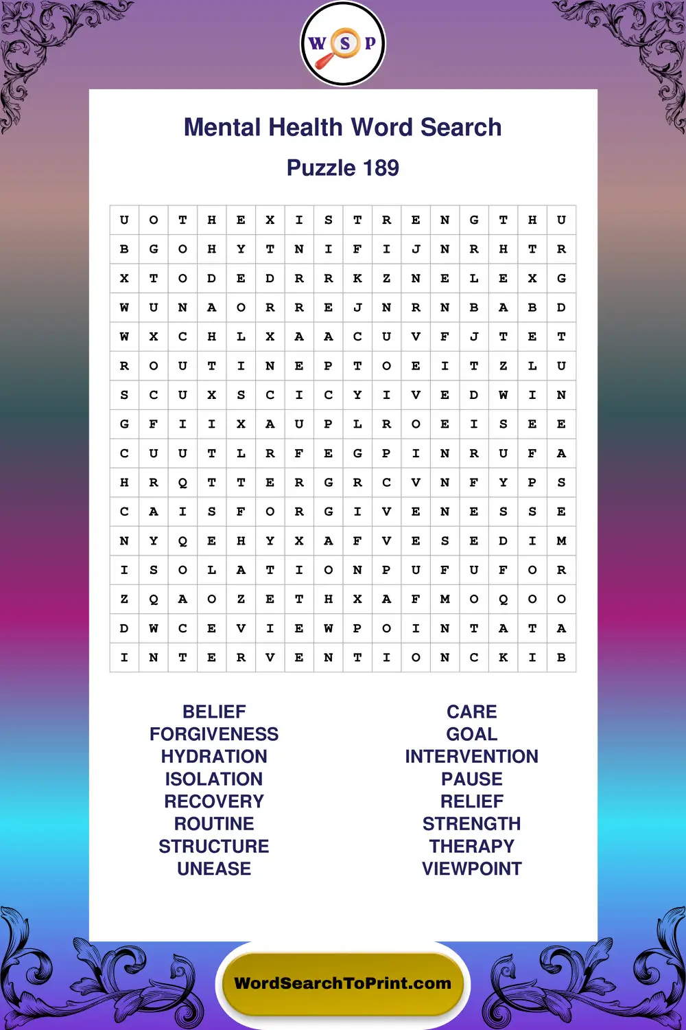 Mental Health Word Search Puzzle 189