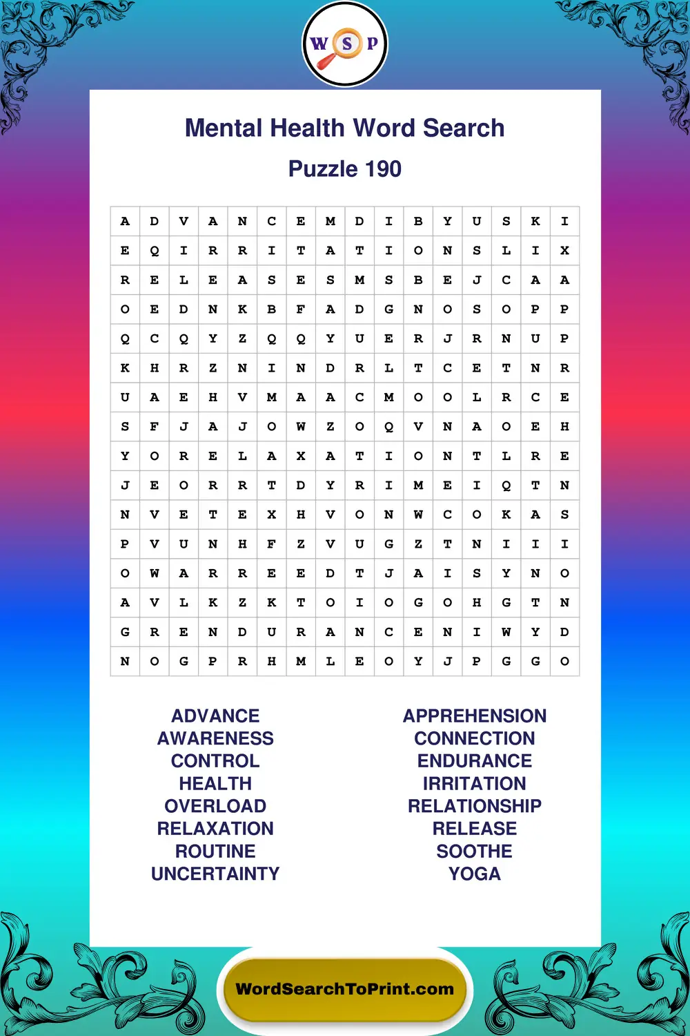 Mental Health Word Search Puzzle 190
