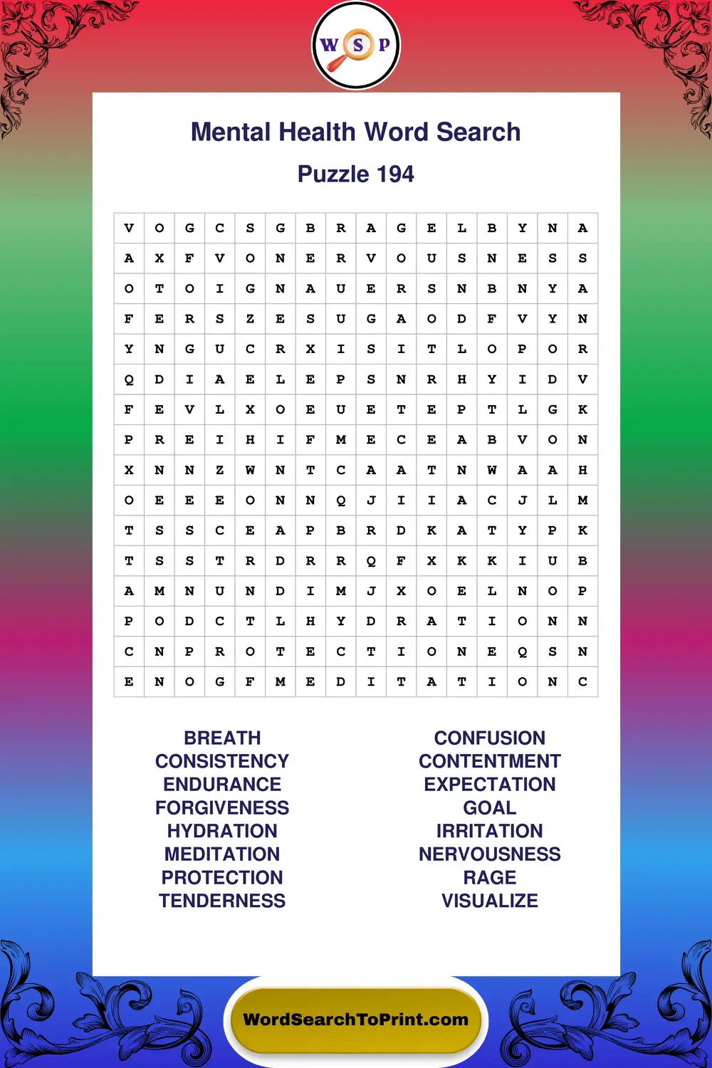 Mental Health Word Search Puzzle 194