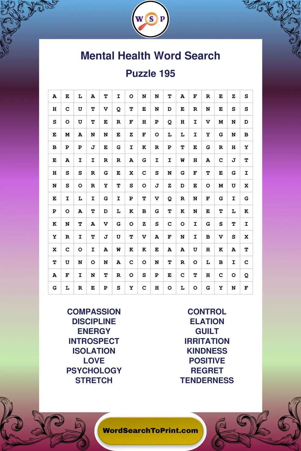 Mental Health Word Search Puzzle 195