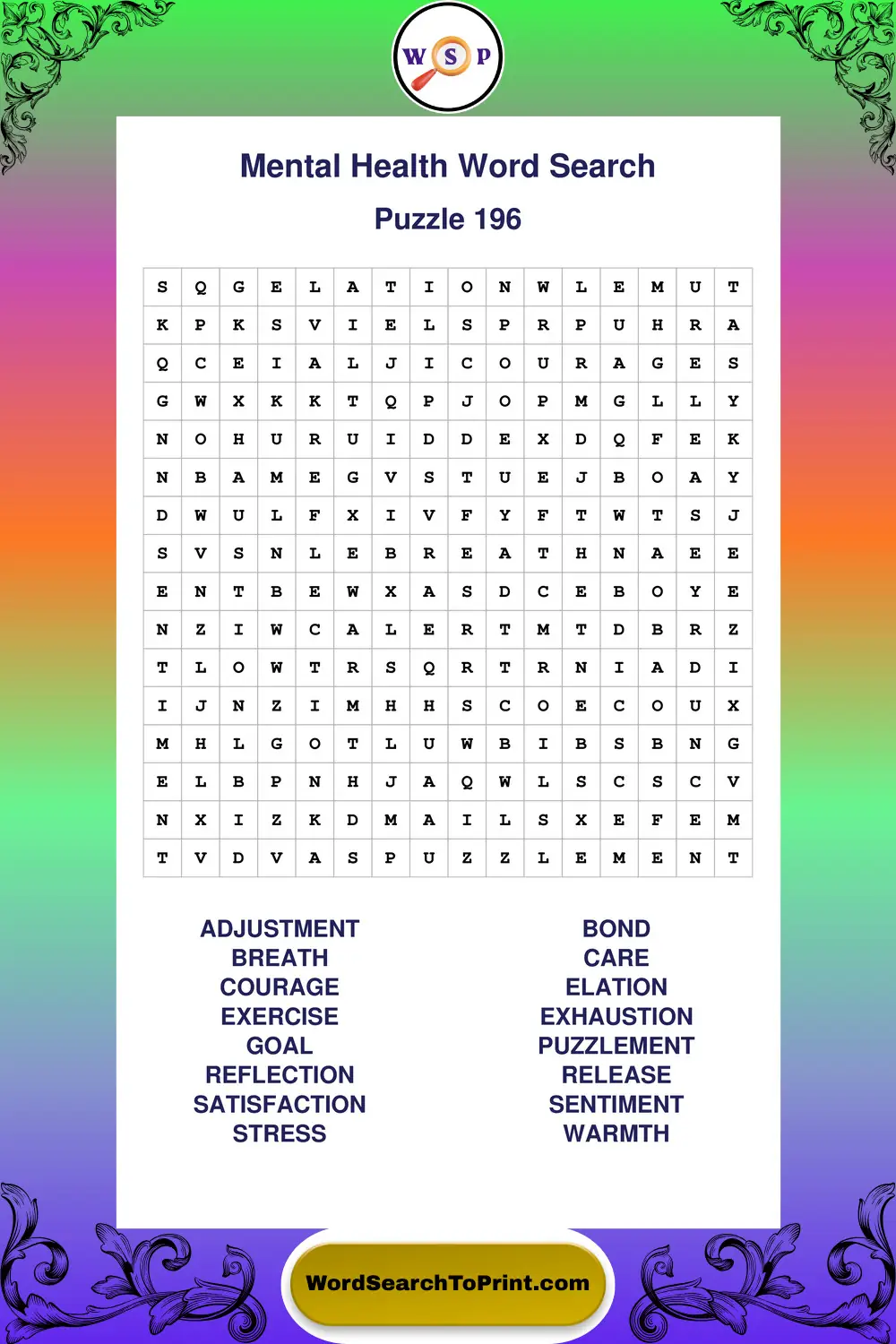 Mental Health Word Search Puzzle 196