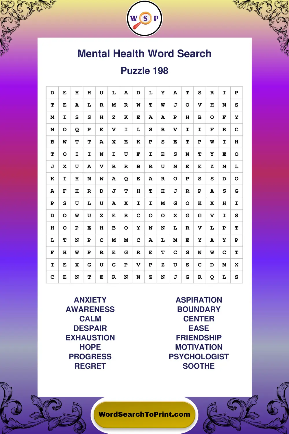 Mental Health Word Search Puzzle 198