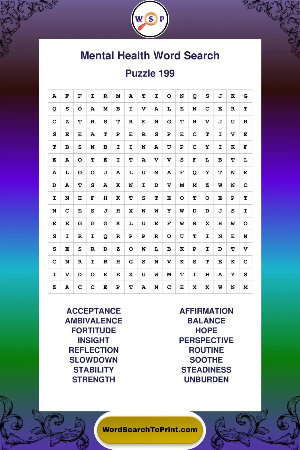Mental Health Word Search Puzzle 199