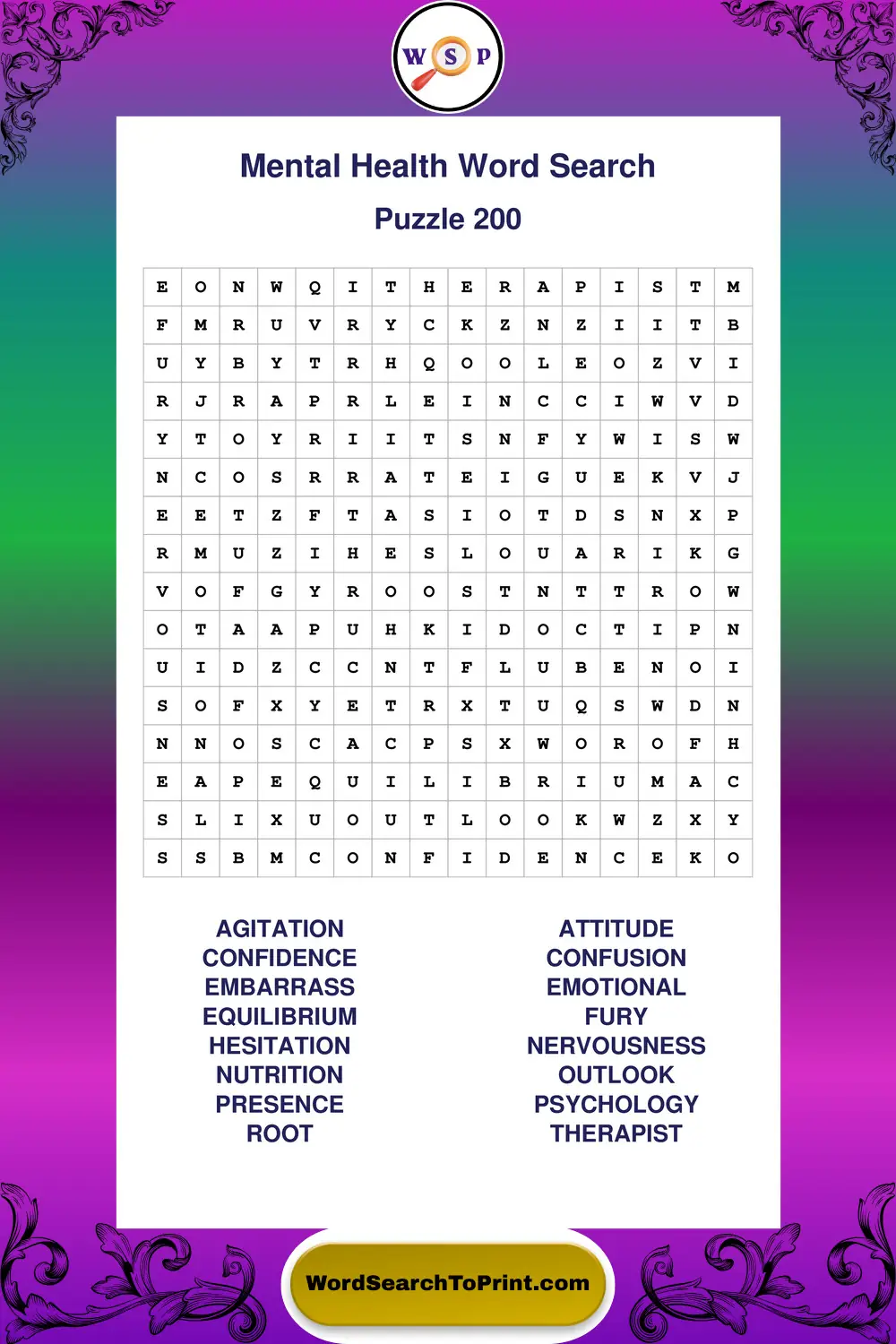Mental Health Word Search Puzzle 200