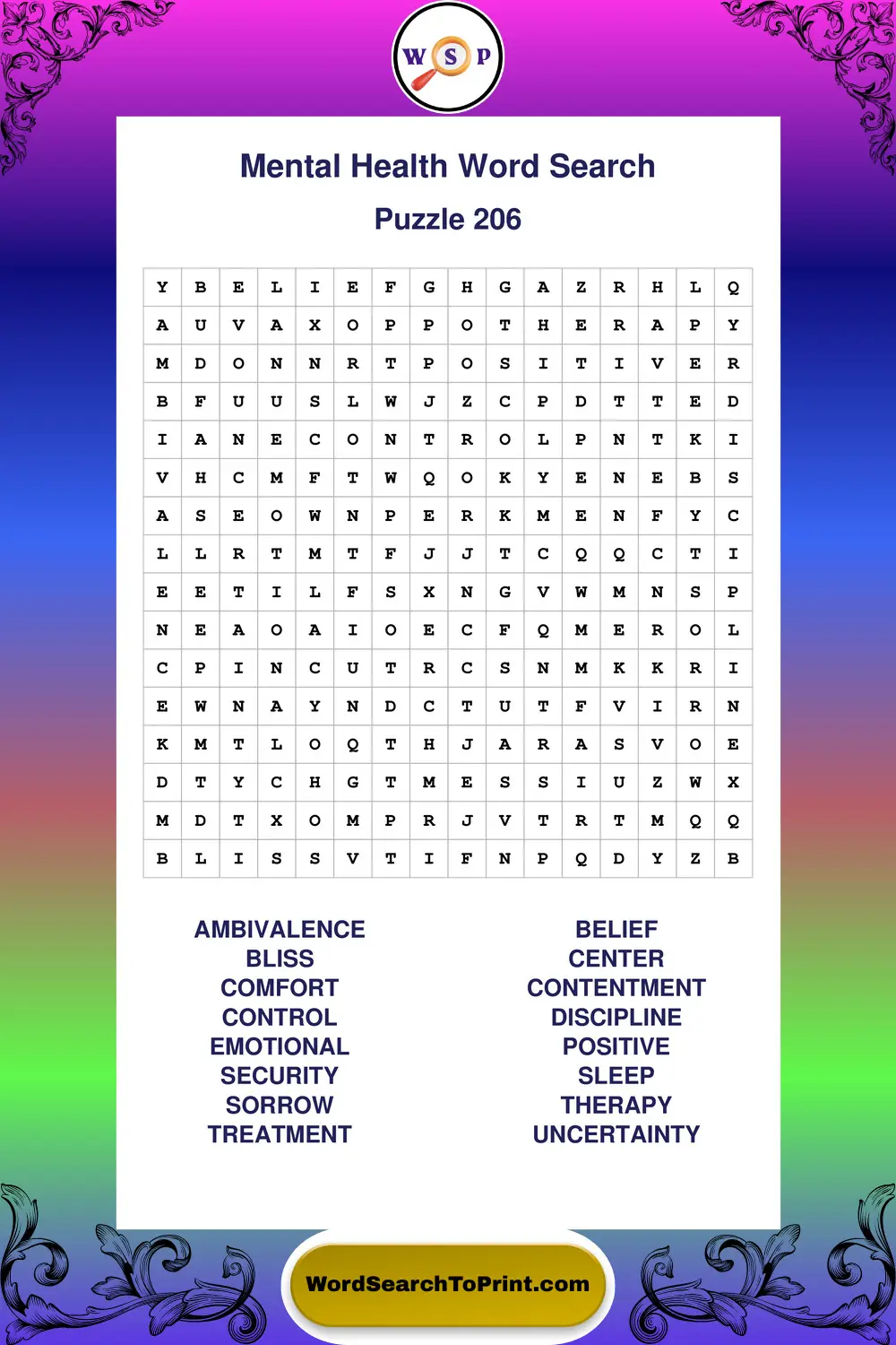 Mental Health Word Search Puzzle 206