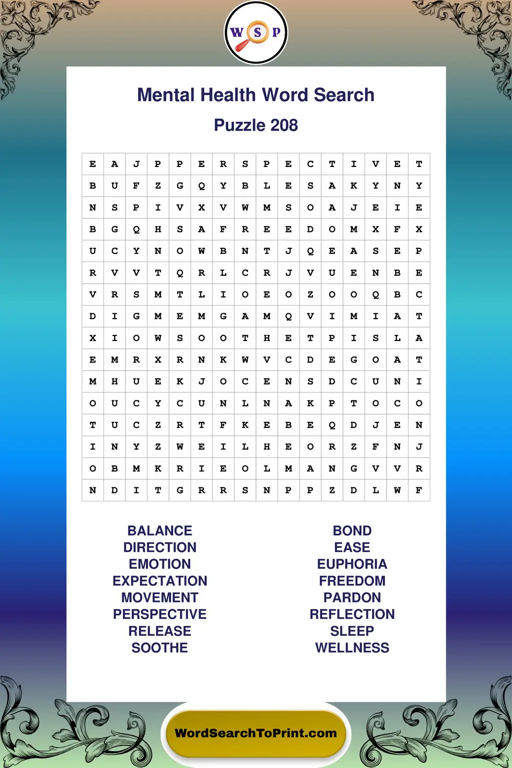 Mental Health Word Search Puzzle 208