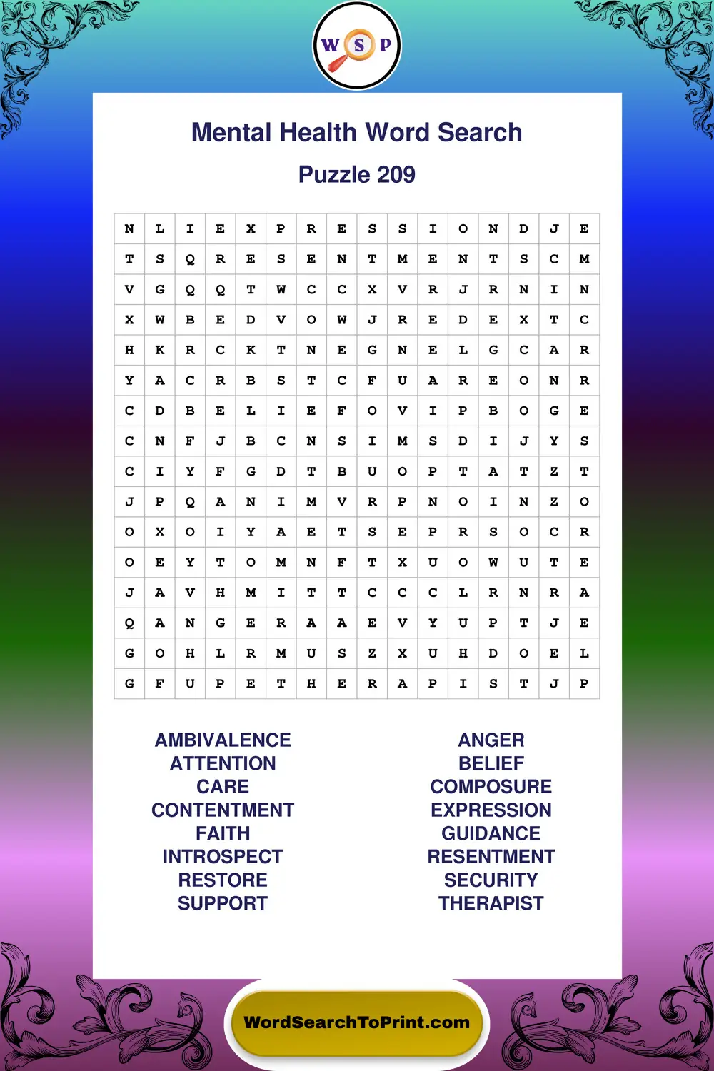 Mental Health Word Search Puzzle 209