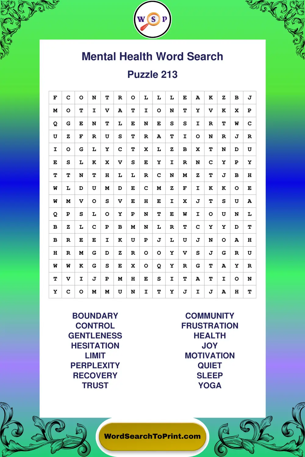 Mental Health Word Search Puzzle 213